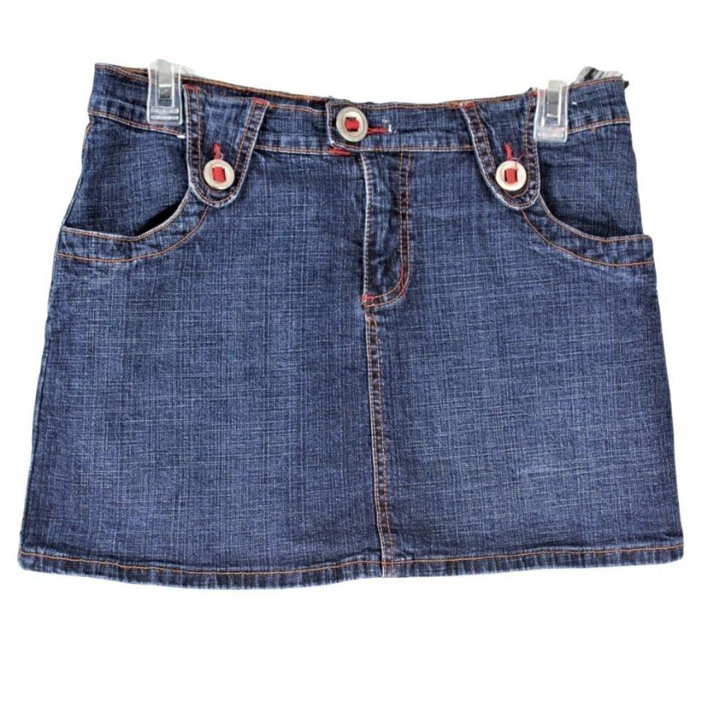Denim Mini Skirt Stretch Zip & Button Close Pockets Red Accents Jr's 7/8